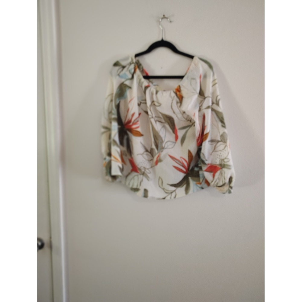 A New Day Women S Floral Tropical Off Shoulder Blouse Long Sleeve Tie Back Cream